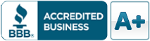 BBB Accredited Business logo featuring a blue flame and an A+ rating.