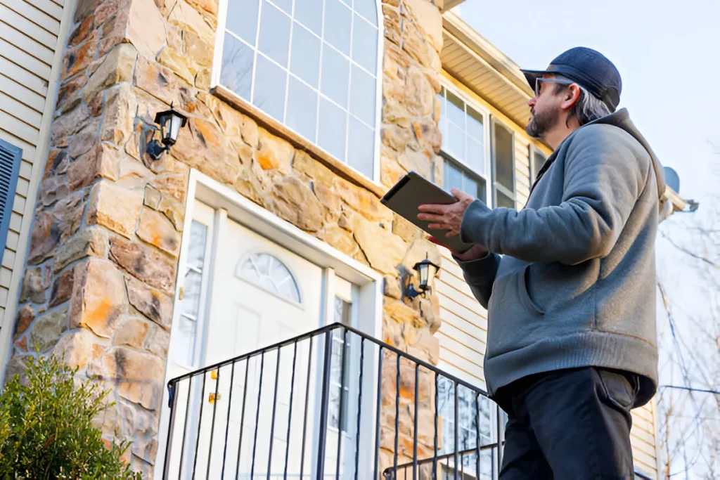Man in a gray hoodie uses a tablet while examining a stone-fronted house.