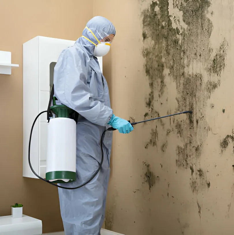 Person in protective gear sprays chemical on a moldy wall in a bathroom setting.