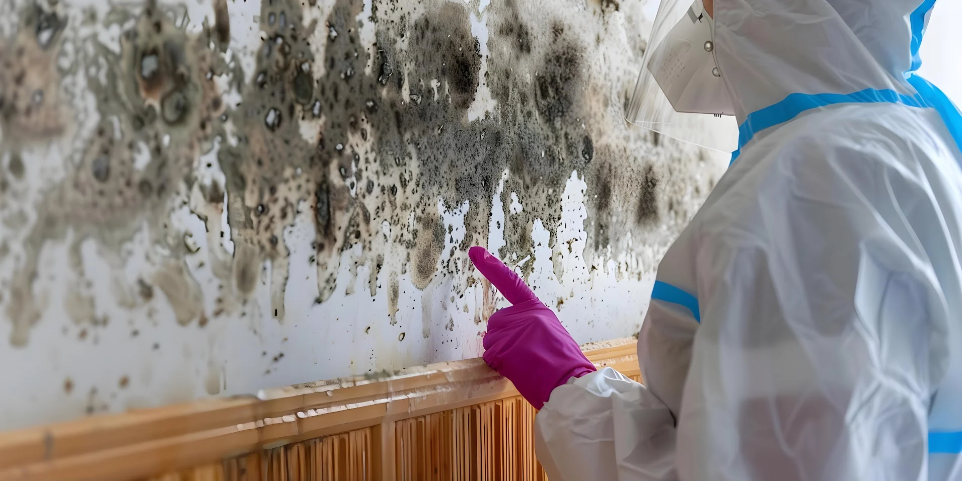 Person in protective gear points at black mold on a wall. Wood paneling is visible below.