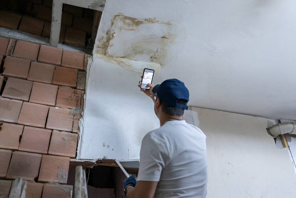 Person holding a smartphone while inspecting a ceiling with water damage in a construction area.