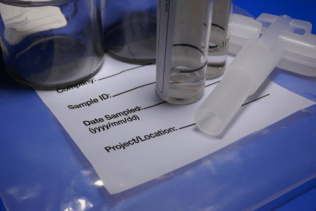 Laboratory samples in glass vials on a project form with identification details.