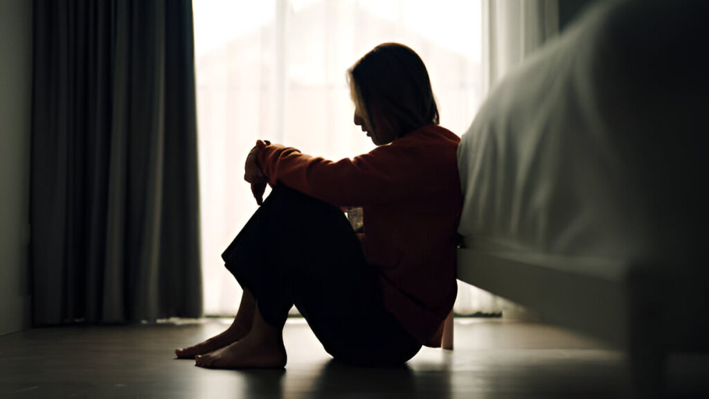 Woman sitting on the floor, hugging her knees, with sunlight filtering through curtains.