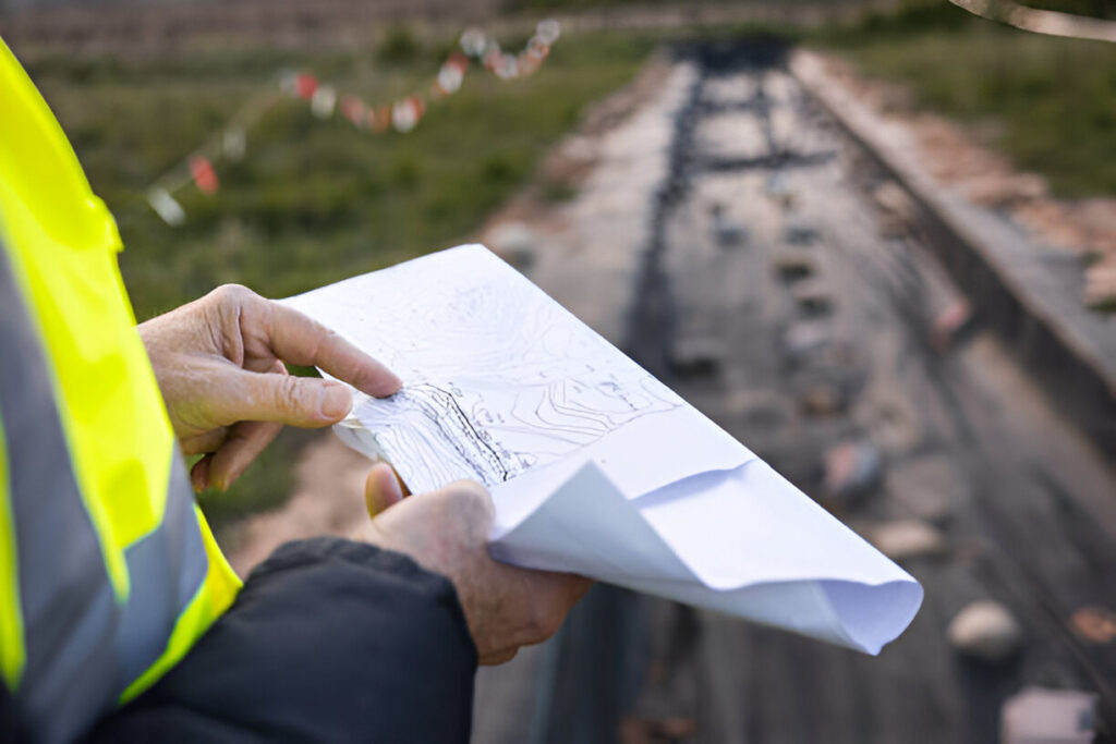 A person in a high-visibility vest holds a folded map at a construction site.