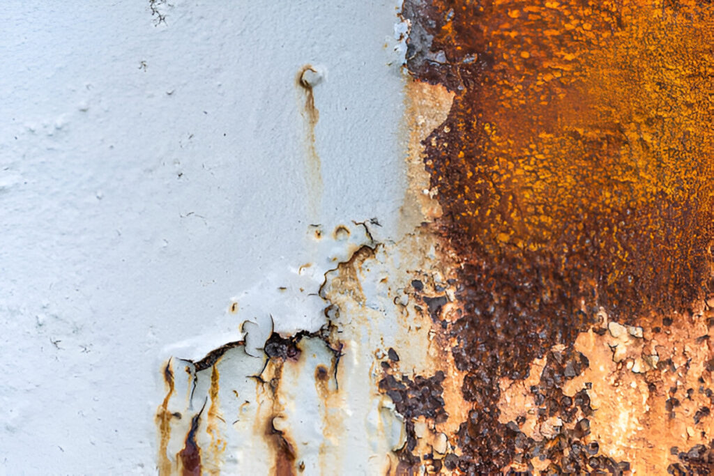 Textured wall with peeling grey paint and orange-brown rust patches revealing underlying layers.