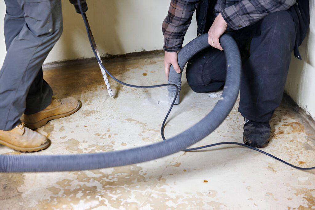 Two workers handling a large, flexible hose on a textured, stained floor.