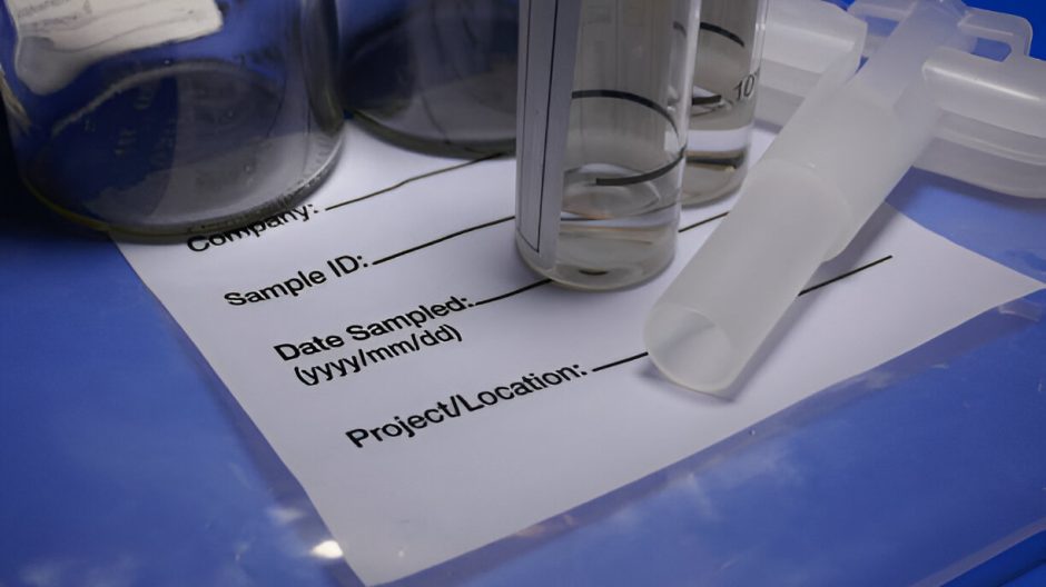 Laboratory samples in glass vials on a project form with identification details.