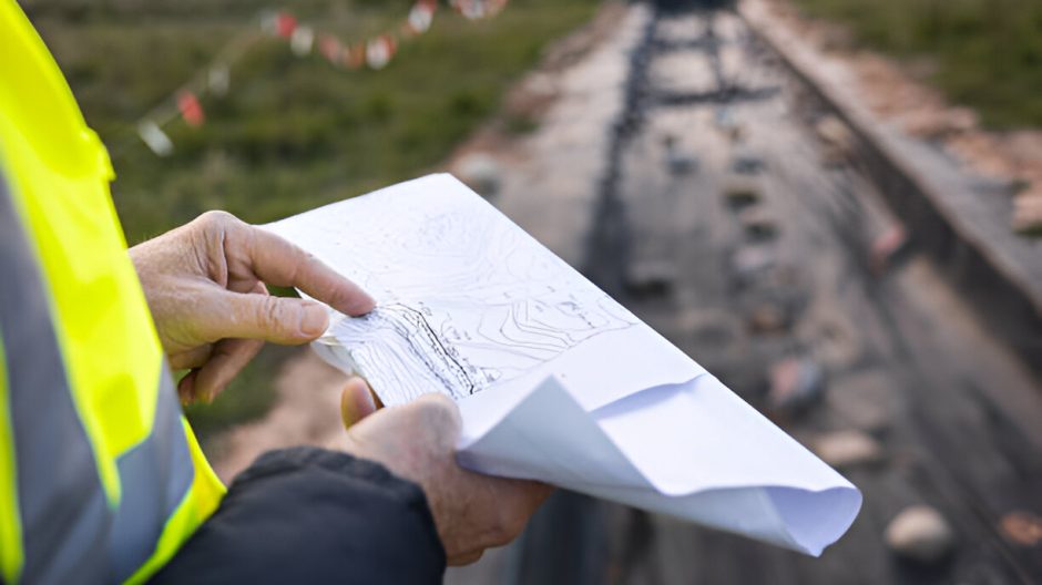 A person in a high-visibility vest holds a folded map at a construction site.